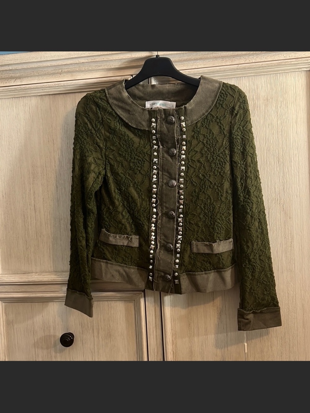 Olive Lace Bomber Jacket with Stud-Trim